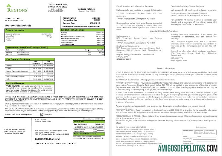Extrato de hipoteca do banco das regiões do Tennessee dos EUA em formatos Word e PDF amostra